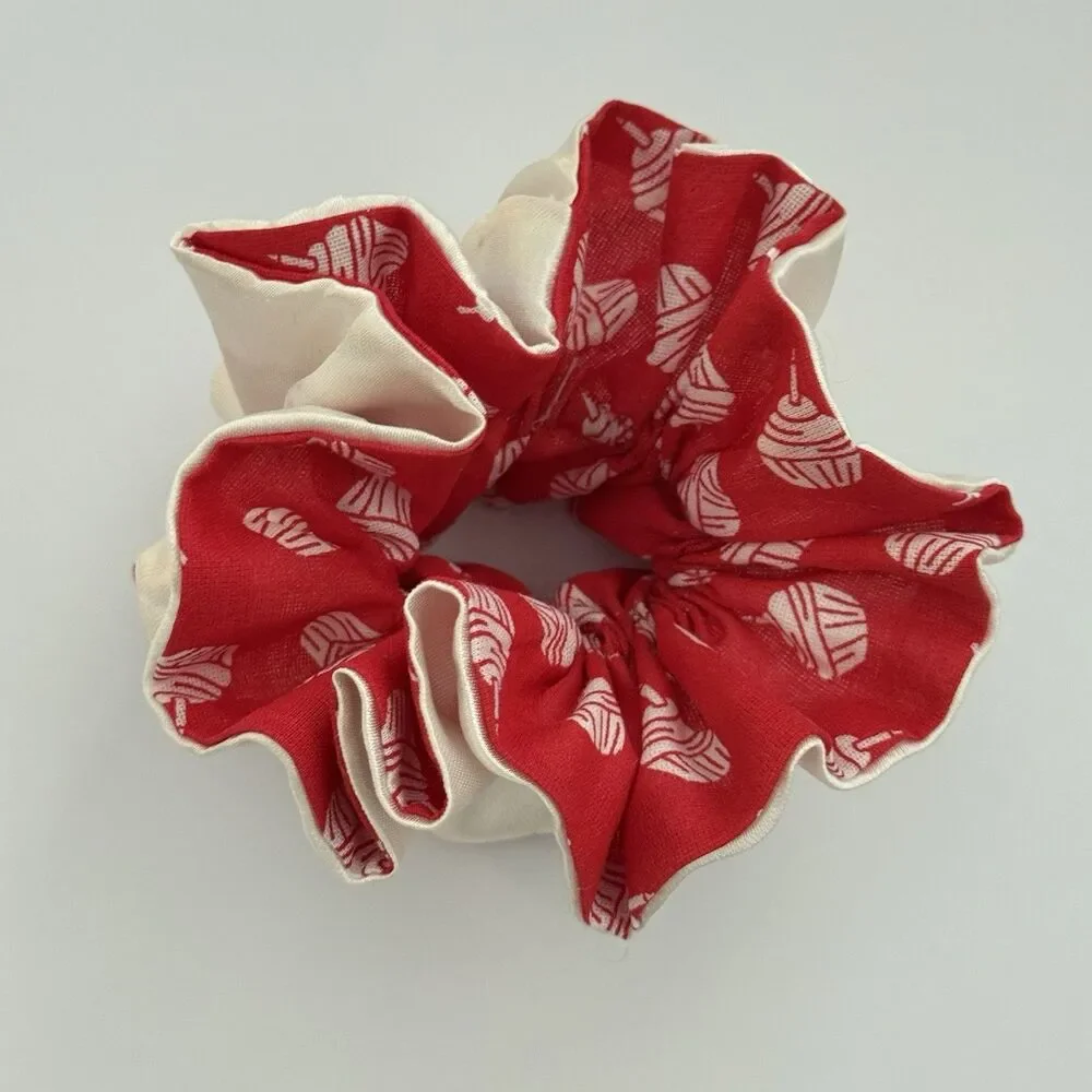 Handmade Red & Cream Scrunchie Hair Tie Ruffled Elastic Ponytail Holder